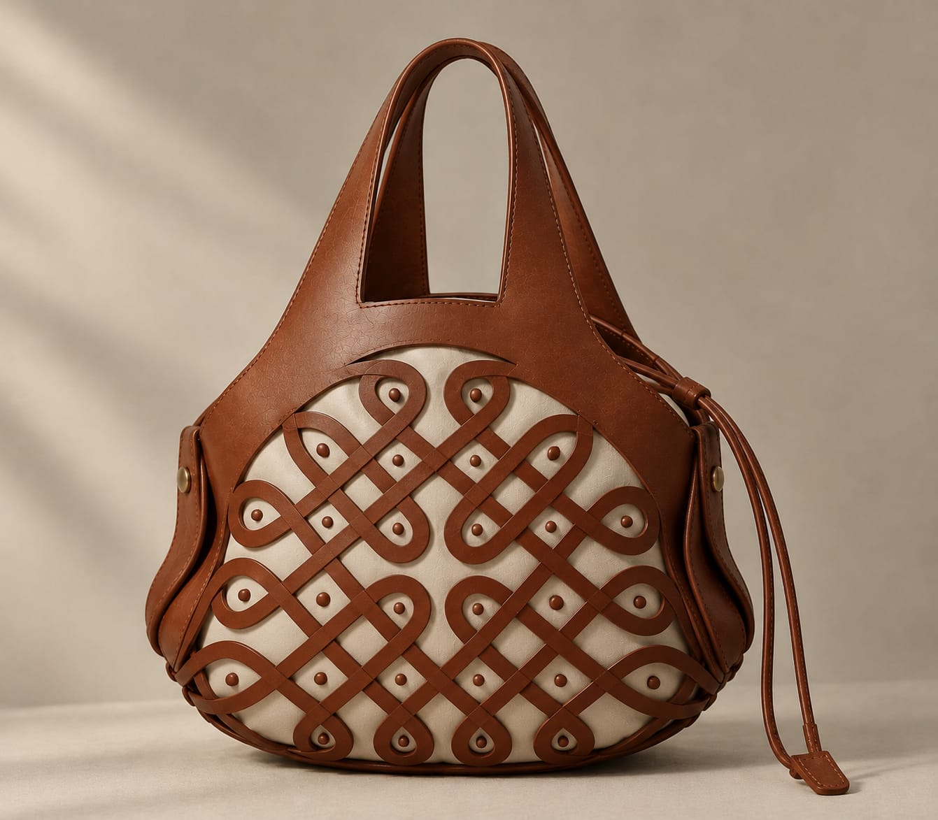 Kolam Interlace Knotwork Leather Tote in cognac and ivory